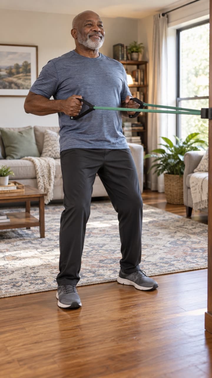 A smiling older man doing a resistance-band row in a bright living room.