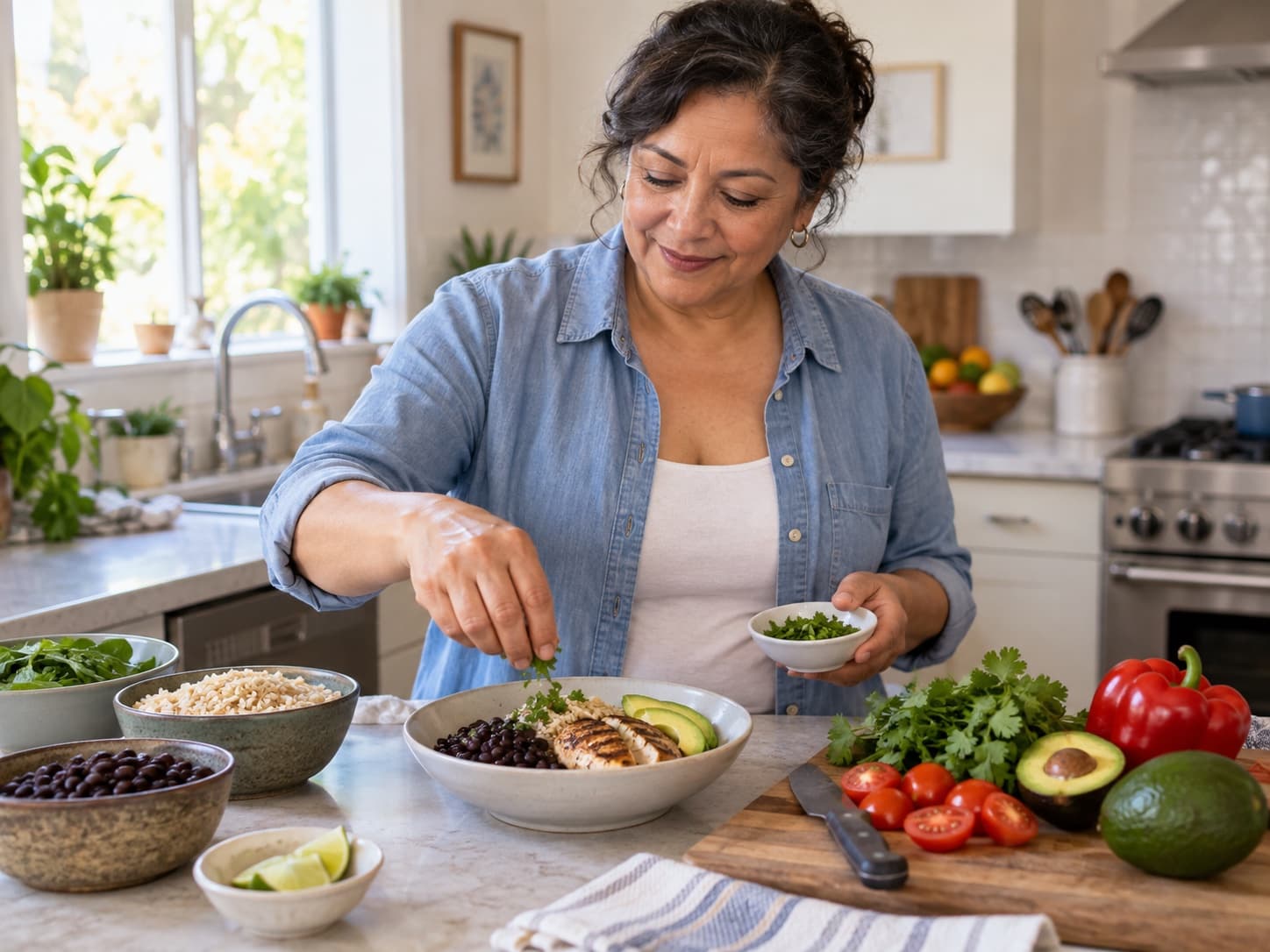 A woman in a bright kitchen assembling a bowl of grilled chicken, black beans, rice and avocado, with fresh vegetables beside her.